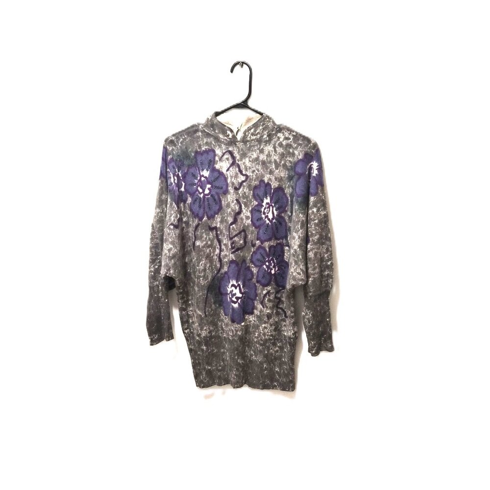 VTG  L’Ultima Beaded Floral Sweater • Grey Knit • Dolman Sleeve M Statement Cozy
